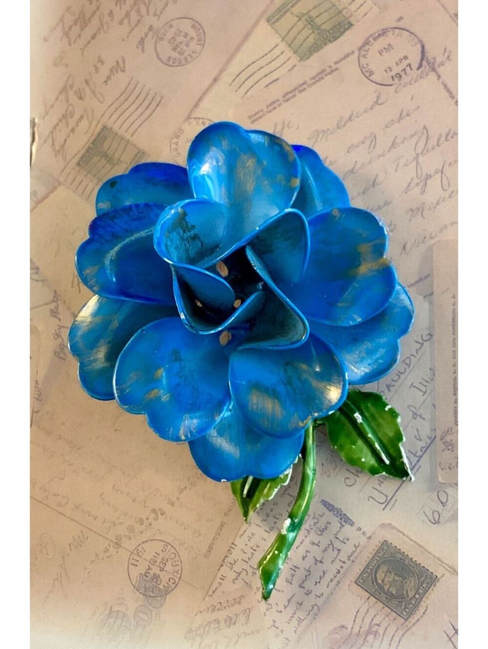 Vintage Enamel Bright Blue Enamel Flower Pin with Shiny Silver Leaves